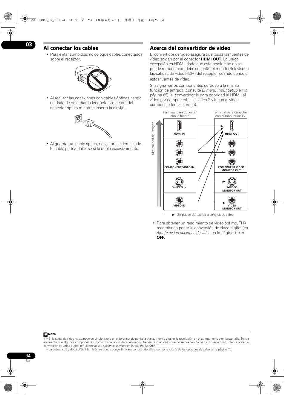 Al conectar los cables, Acerca del convertidor de vídeo | Pioneer VSX-1018AH-K User Manual | Page 14 / 96