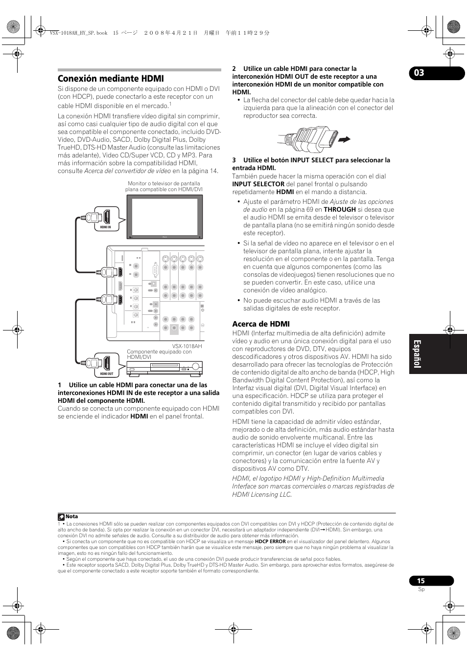 Conexión mediante hdmi, Acerca de hdmi, Nota | Pioneer VSX-1018AH-K User Manual | Page 15 / 96