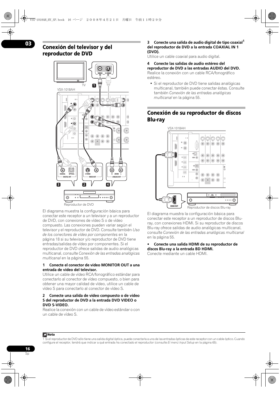 Conexión del televisor y del reproductor de dvd, Conexión de su reproductor de discos blu-ray | Pioneer VSX-1018AH-K User Manual | Page 16 / 96