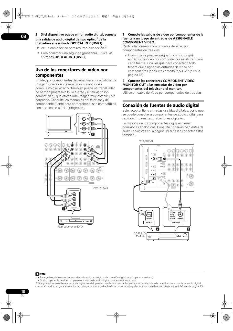 Uso de los conectores de vídeo por componentes, Conexión de fuentes de audio digital, Nota | Pioneer VSX-1018AH-K User Manual | Page 18 / 96