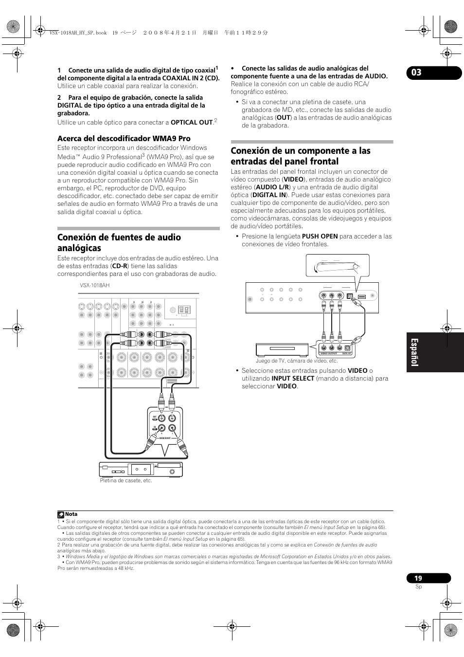 Acerca del descodificador wma9 pro, Conexión de fuentes de audio analógicas, Nota | Vsx-1018ah pletina de casete, etc | Pioneer VSX-1018AH-K User Manual | Page 19 / 96