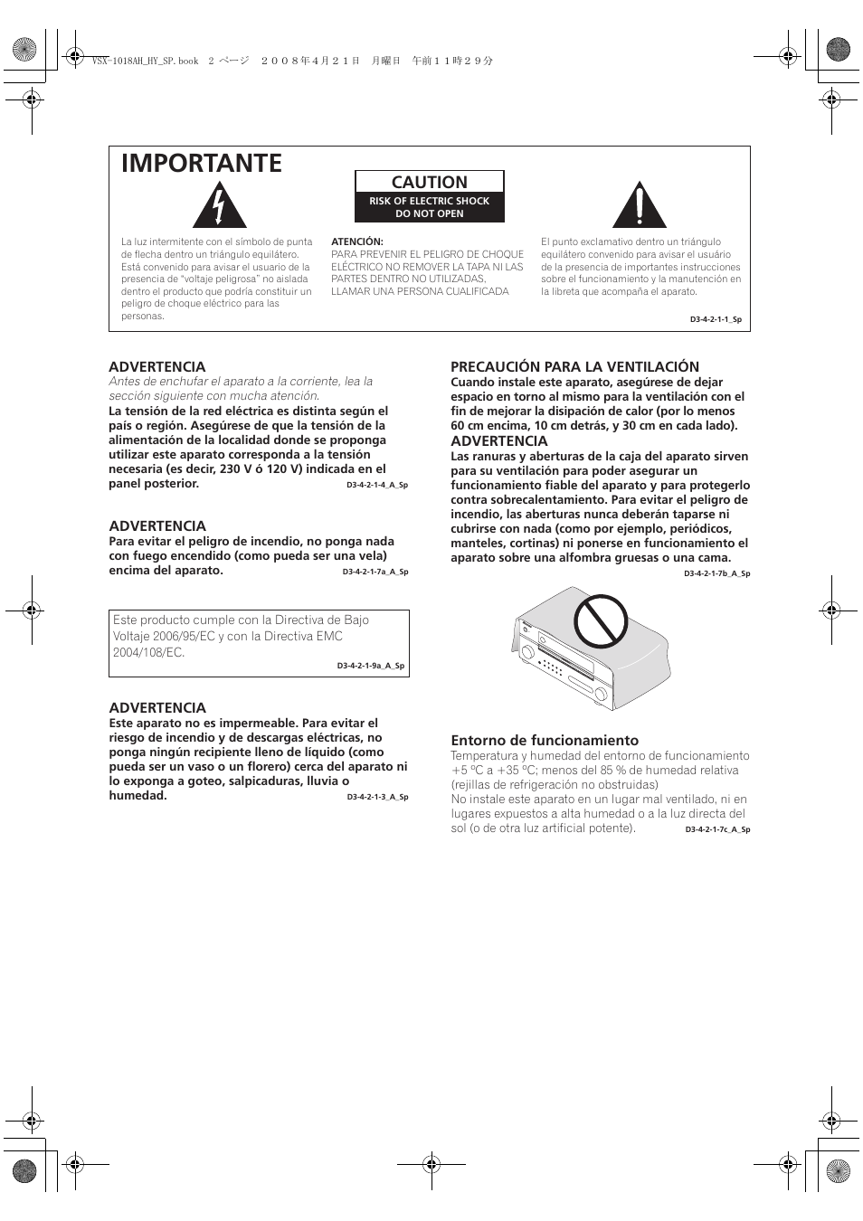 Importante, Caution | Pioneer VSX-1018AH-K User Manual | Page 2 / 96