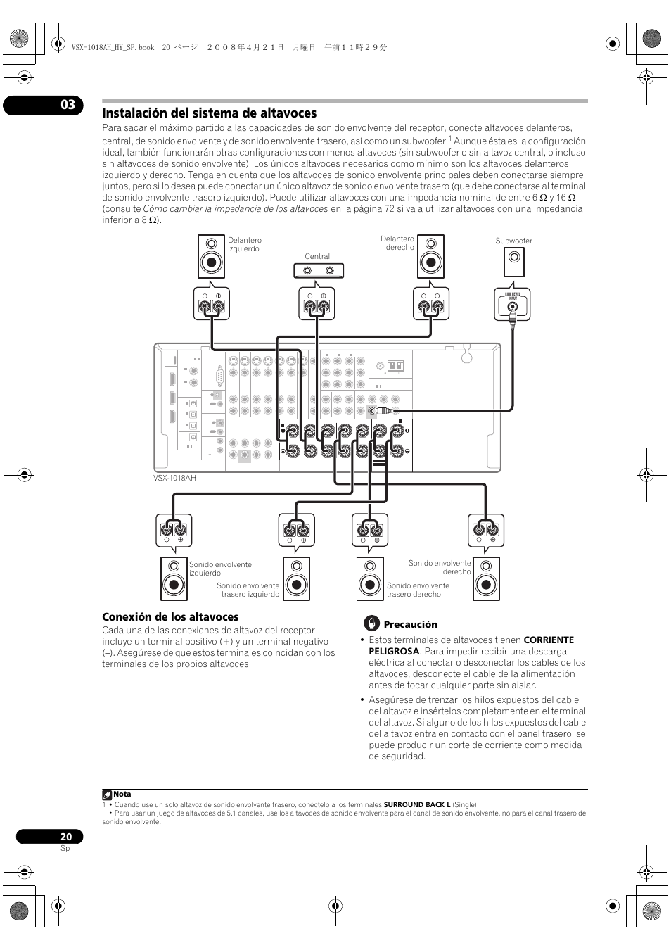 Instalación del sistema de altavoces, Conexión de los altavoces, Nota | Pioneer VSX-1018AH-K User Manual | Page 20 / 96