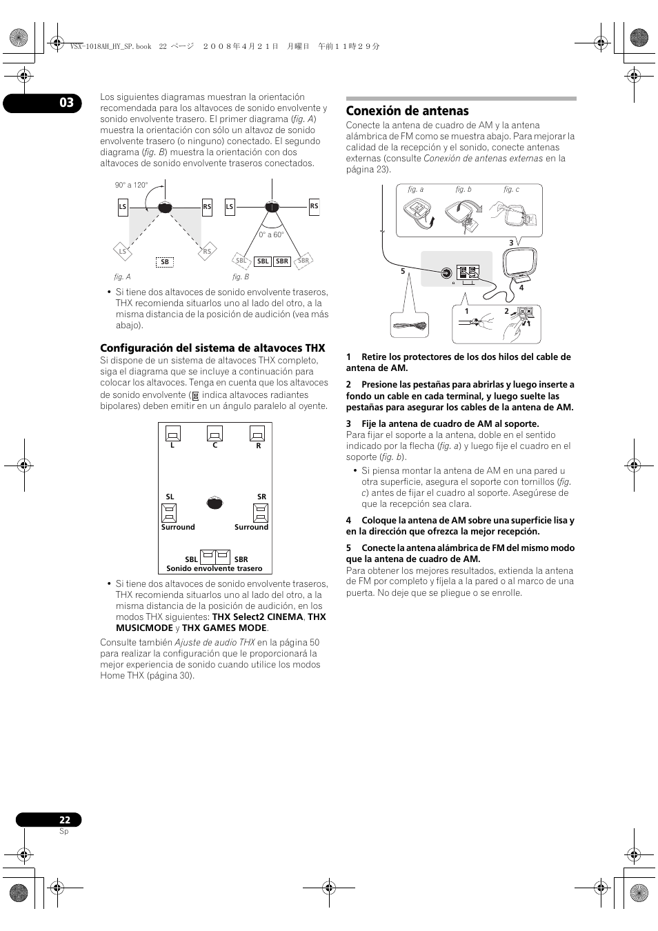 Configuración del sistema de altavoces thx, Conexión de antenas | Pioneer VSX-1018AH-K User Manual | Page 22 / 96