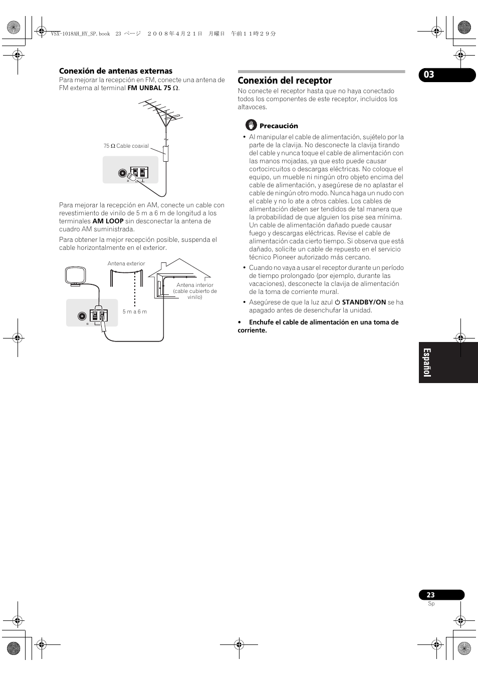 Conexión de antenas externas, Conexión del receptor | Pioneer VSX-1018AH-K User Manual | Page 23 / 96