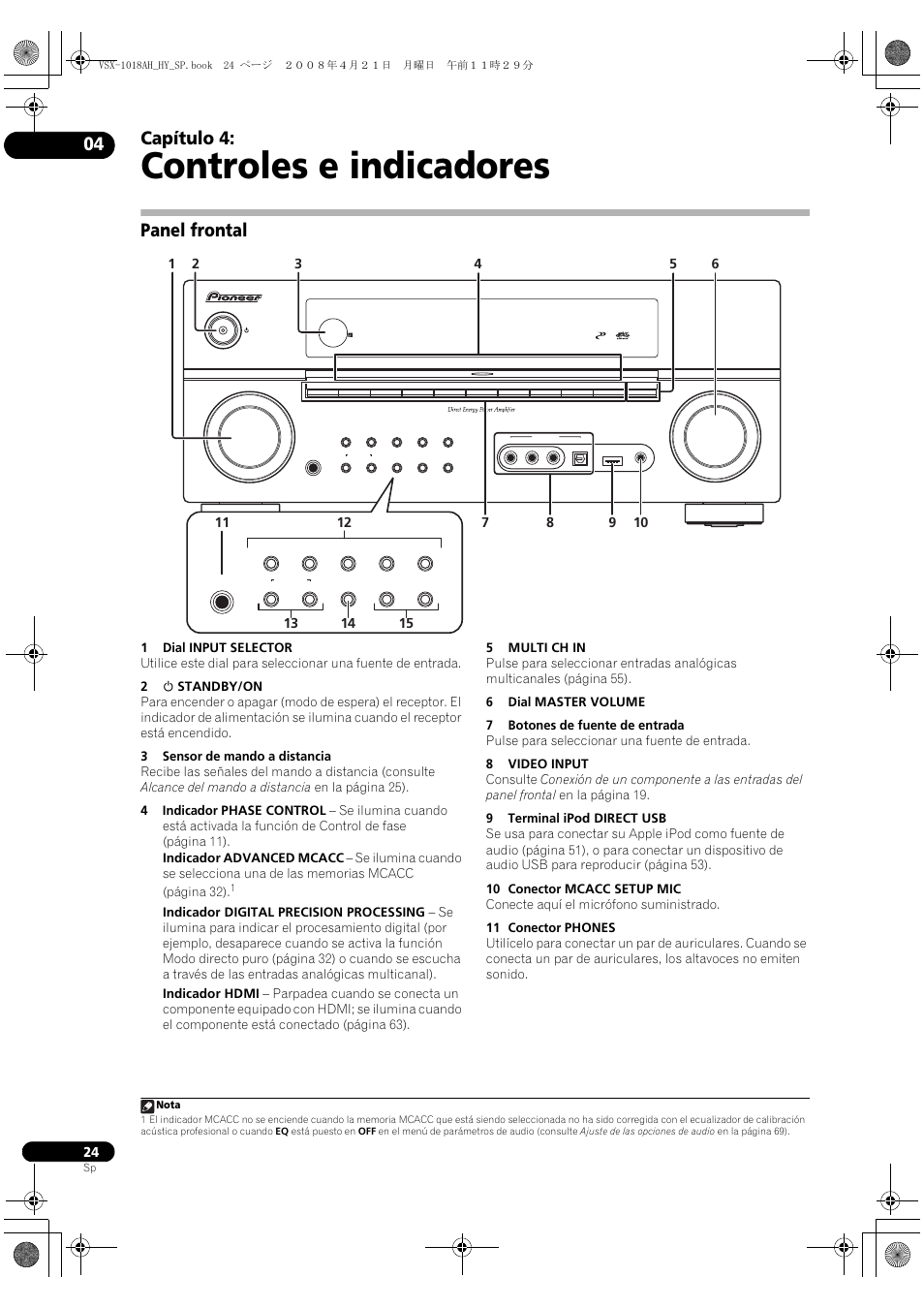 Panel frontal, Controles e indicadores, Capítulo 4 | Pioneer VSX-1018AH-K User Manual | Page 24 / 96