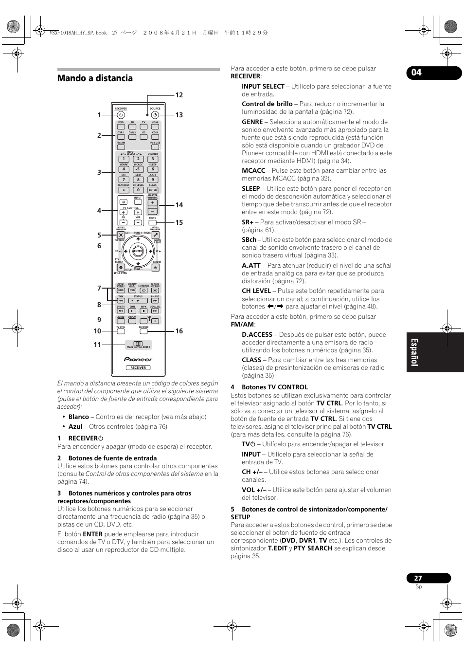 Mando a distancia | Pioneer VSX-1018AH-K User Manual | Page 27 / 96