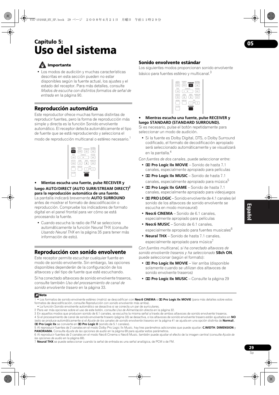 Sonido envolvente estándar, Uso del sistema, Capítulo 5 | Reproducción automática, Reproducción con sonido envolvente | Pioneer VSX-1018AH-K User Manual | Page 29 / 96