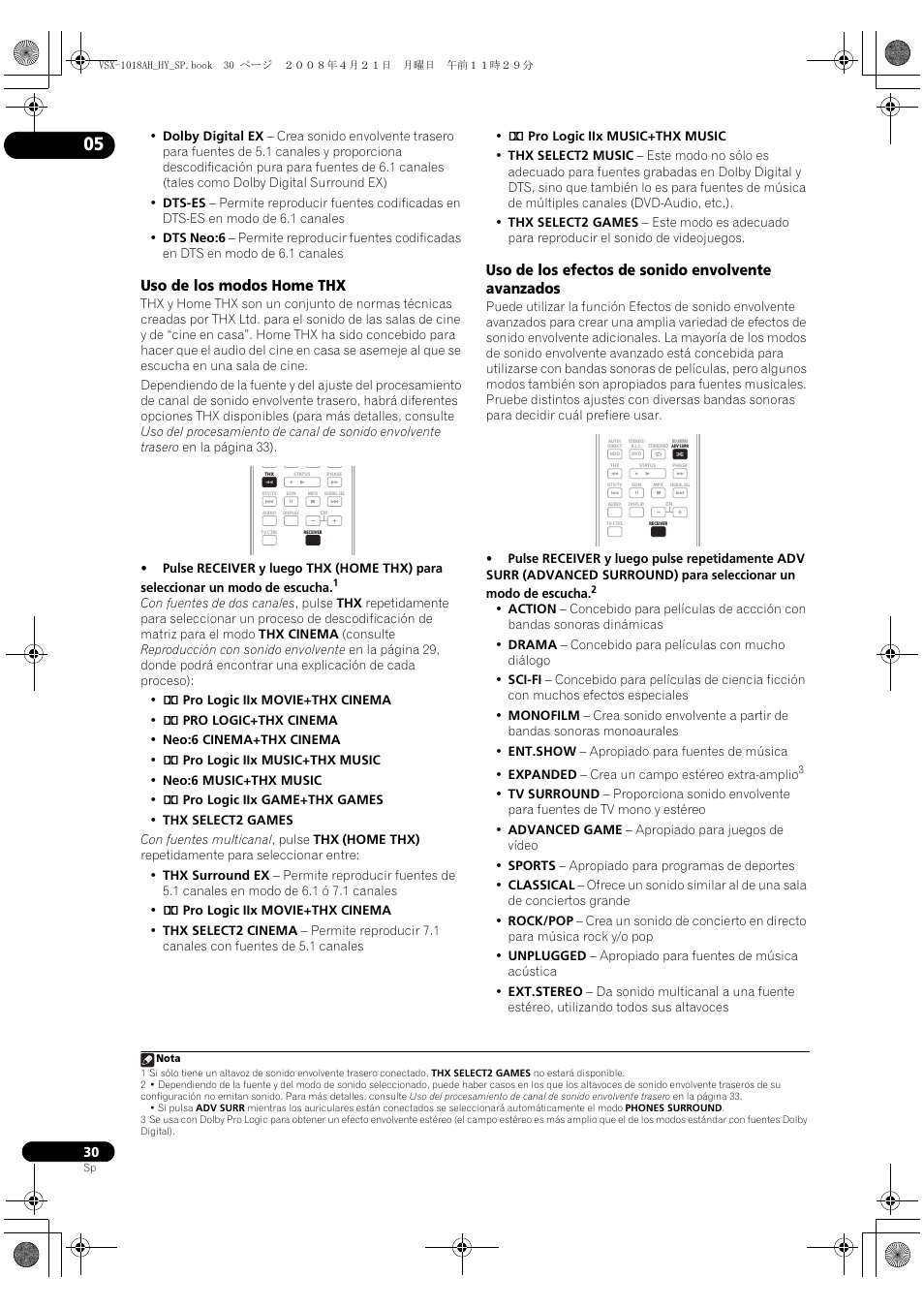 Uso de los modos home thx, Uso de los efectos de sonido envolvente avanzados | Pioneer VSX-1018AH-K User Manual | Page 30 / 96