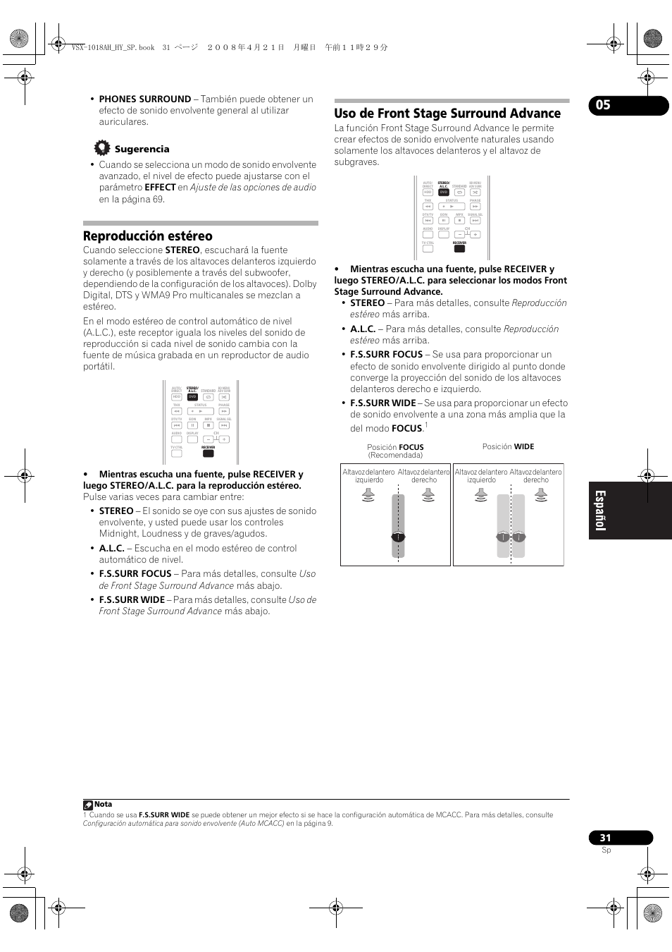 Reproducción estéreo, Uso de front stage surround advance | Pioneer VSX-1018AH-K User Manual | Page 31 / 96