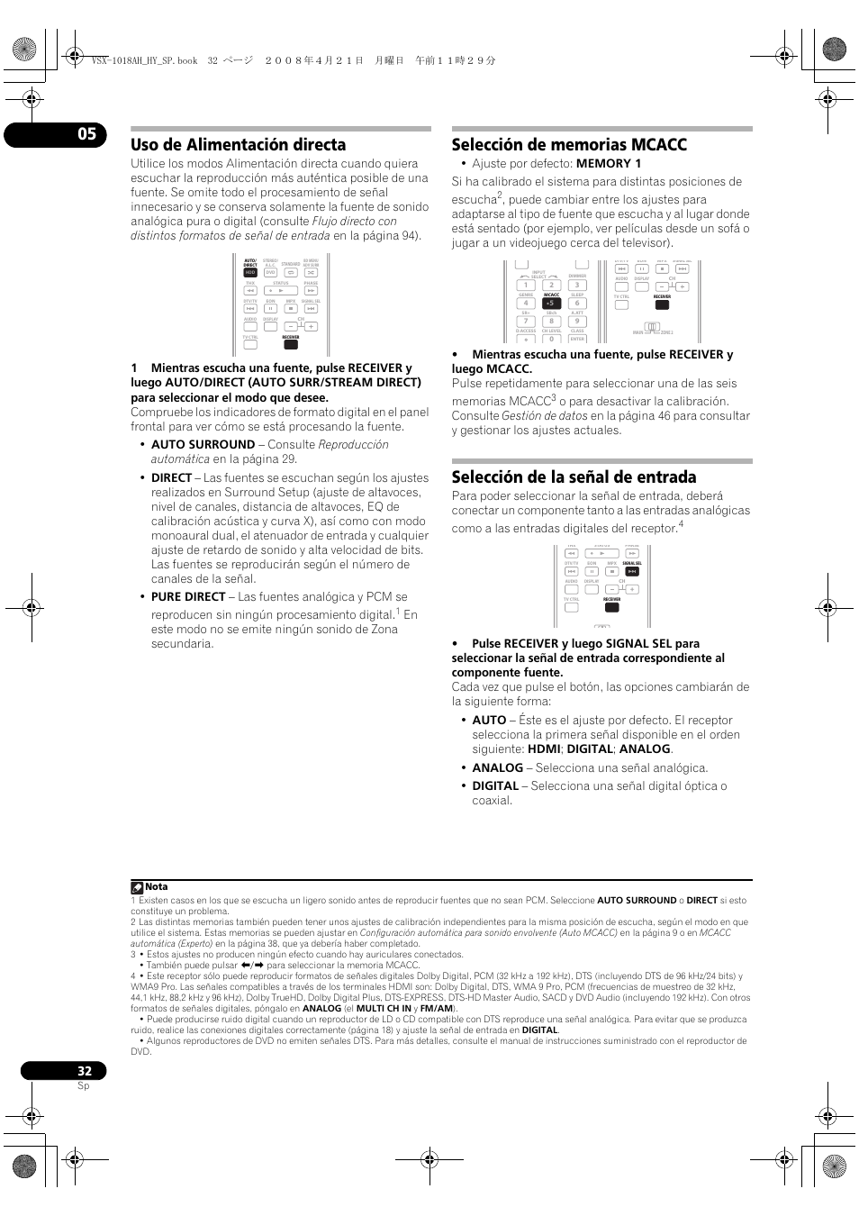 Uso de alimentación directa, Selección de la señal de entrada | Pioneer VSX-1018AH-K User Manual | Page 32 / 96