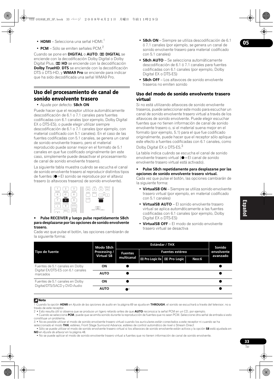 Uso del modo de sonido envolvente trasero virtual | Pioneer VSX-1018AH-K User Manual | Page 33 / 96