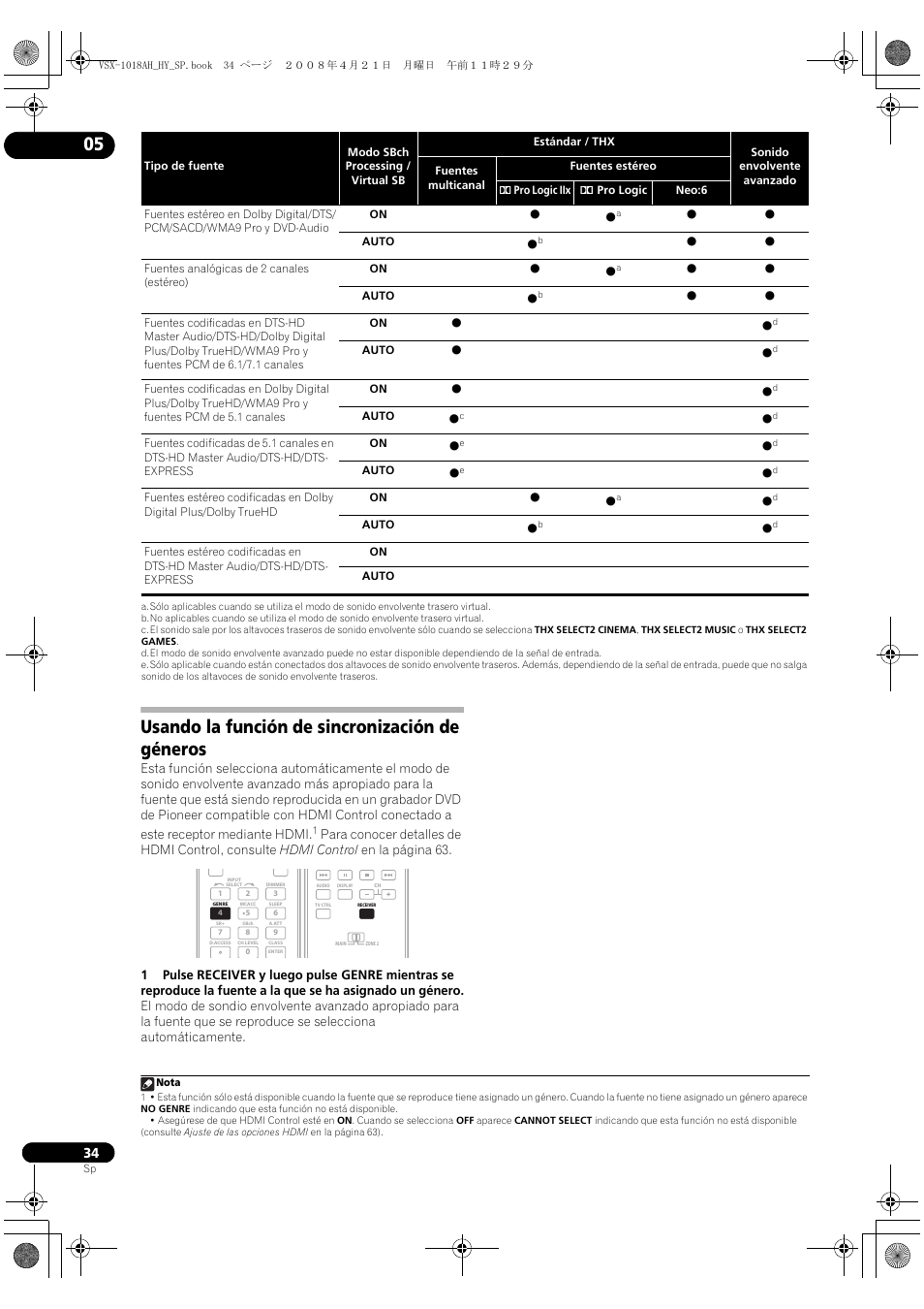 Usando la función de sincronización de géneros | Pioneer VSX-1018AH-K User Manual | Page 34 / 96