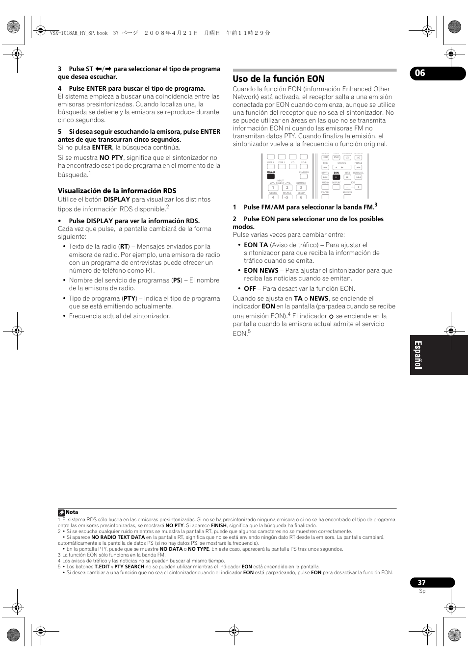 Uso de la función eon, Visualización de la información rds | Pioneer VSX-1018AH-K User Manual | Page 37 / 96