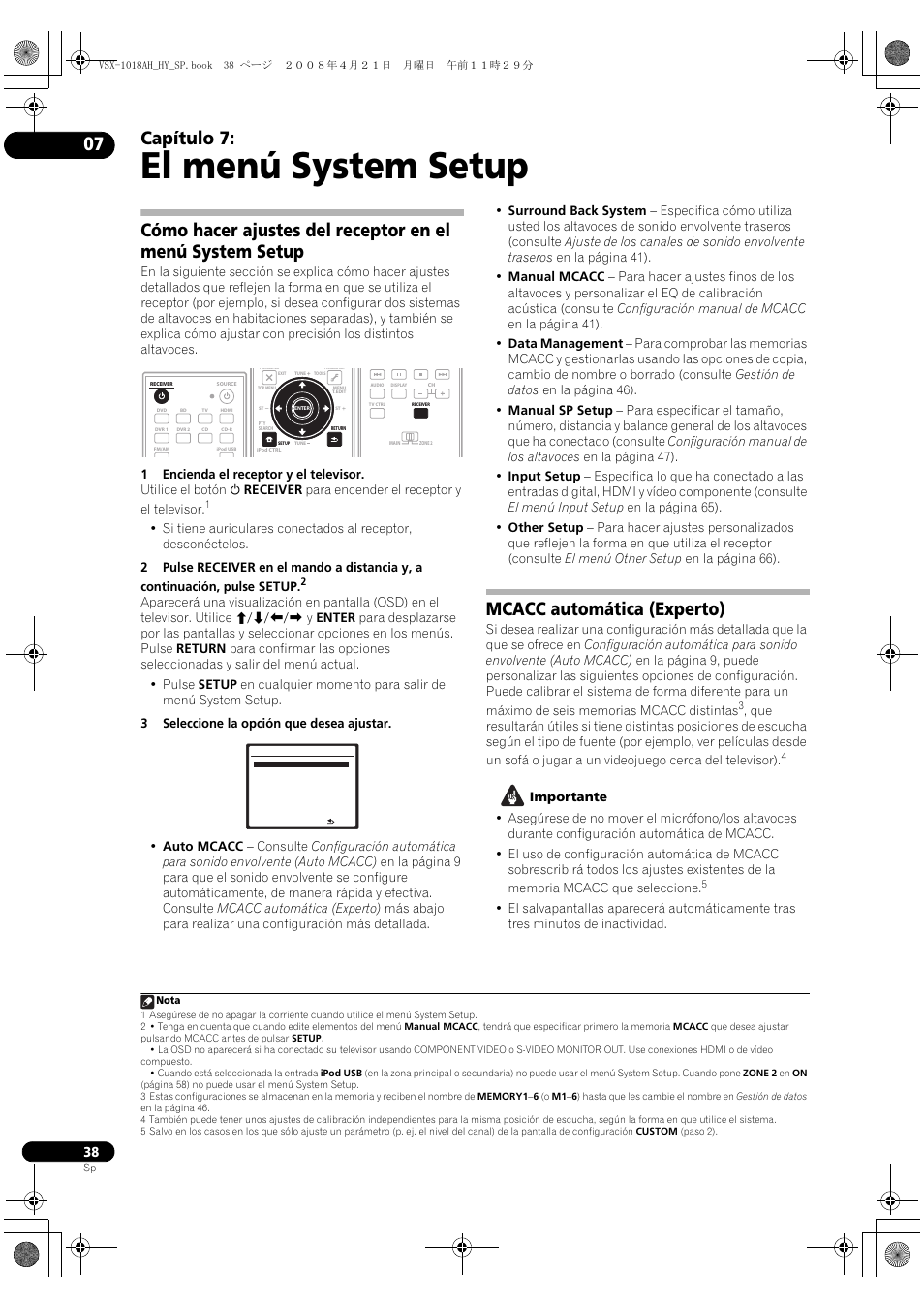 El menú system setup, Capítulo 7, Mcacc automática (experto) | Pioneer VSX-1018AH-K User Manual | Page 38 / 96