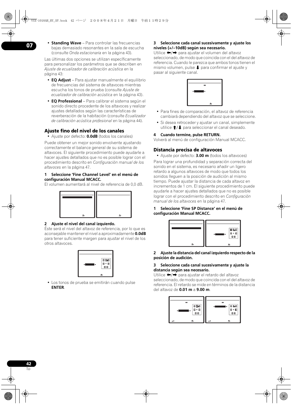 Ajuste fino del nivel de los canales, Distancia precisa de altavoces | Pioneer VSX-1018AH-K User Manual | Page 42 / 96