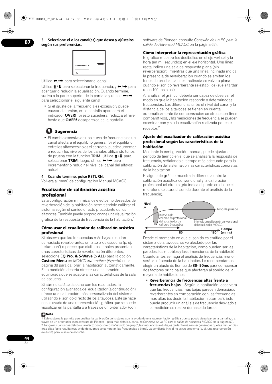 Ecualizador de calibración acústica profesional, Cómo interpretar la representación gráfica | Pioneer VSX-1018AH-K User Manual | Page 44 / 96