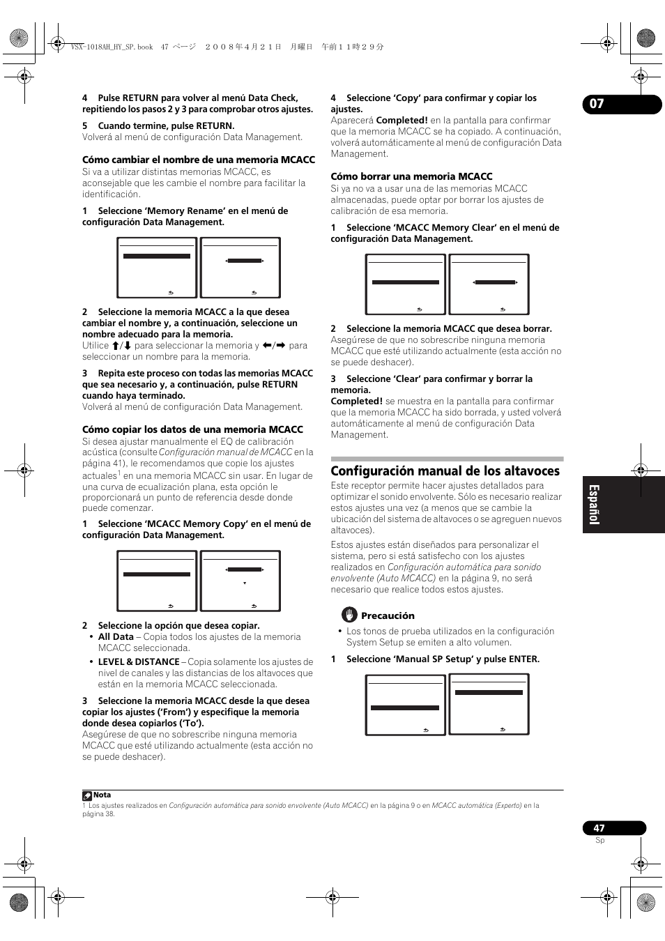 Configuración manual de los altavoces | Pioneer VSX-1018AH-K User Manual | Page 47 / 96