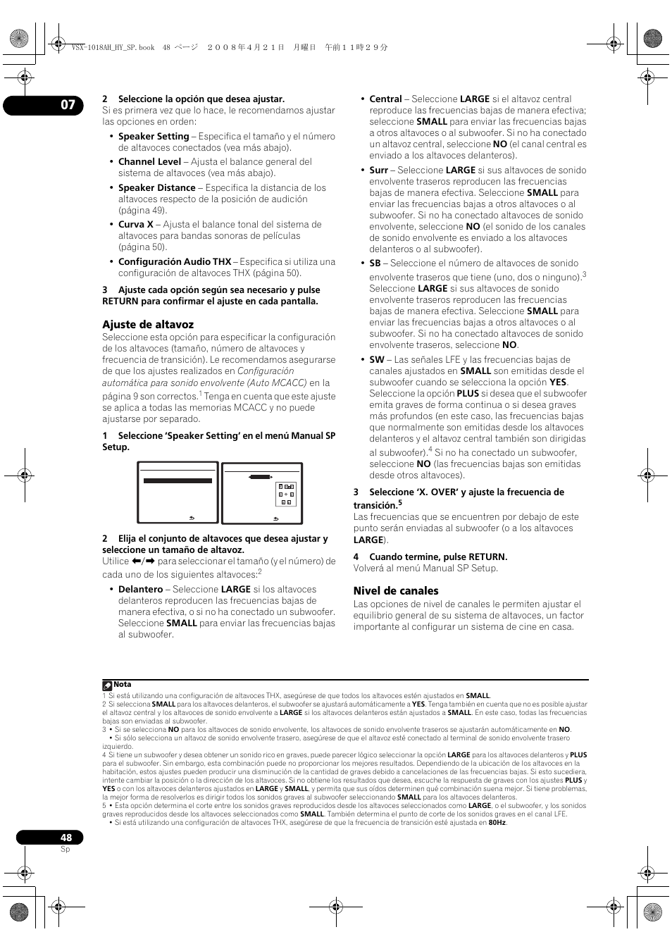 Ajuste de altavoz nivel de canales, Ajuste de altavoz, Nivel de canales | Pioneer VSX-1018AH-K User Manual | Page 48 / 96