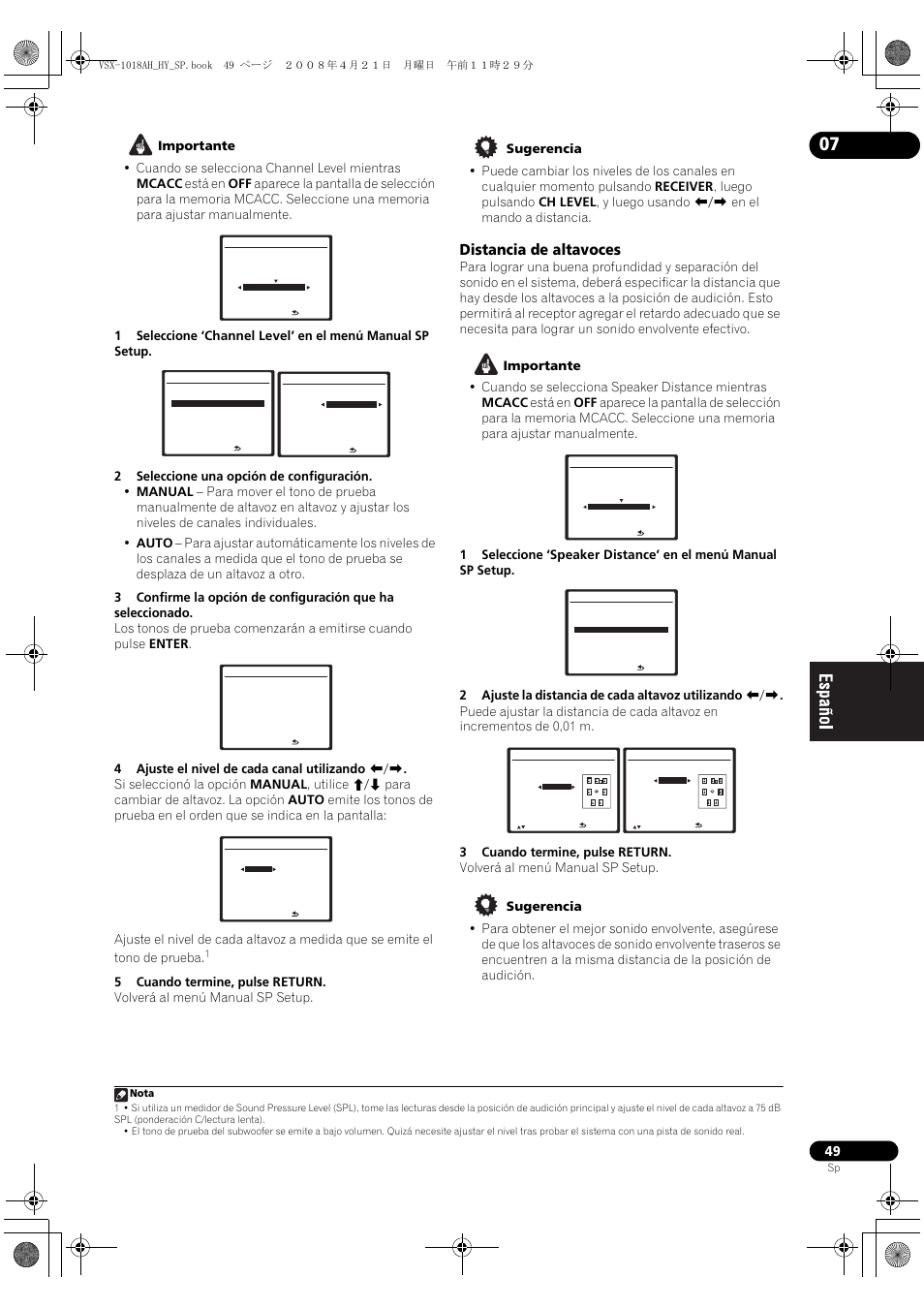 Distancia de altavoces | Pioneer VSX-1018AH-K User Manual | Page 49 / 96