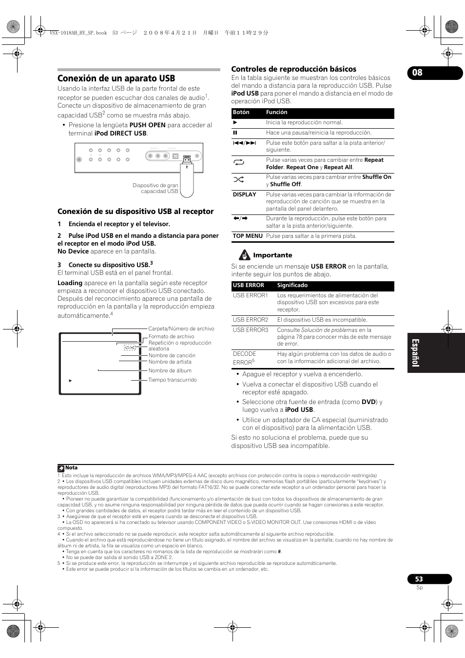 Conexión de un aparato usb, Conexión de su dispositivo usb al receptor, Controles de reproducción básicos | Pioneer VSX-1018AH-K User Manual | Page 53 / 96