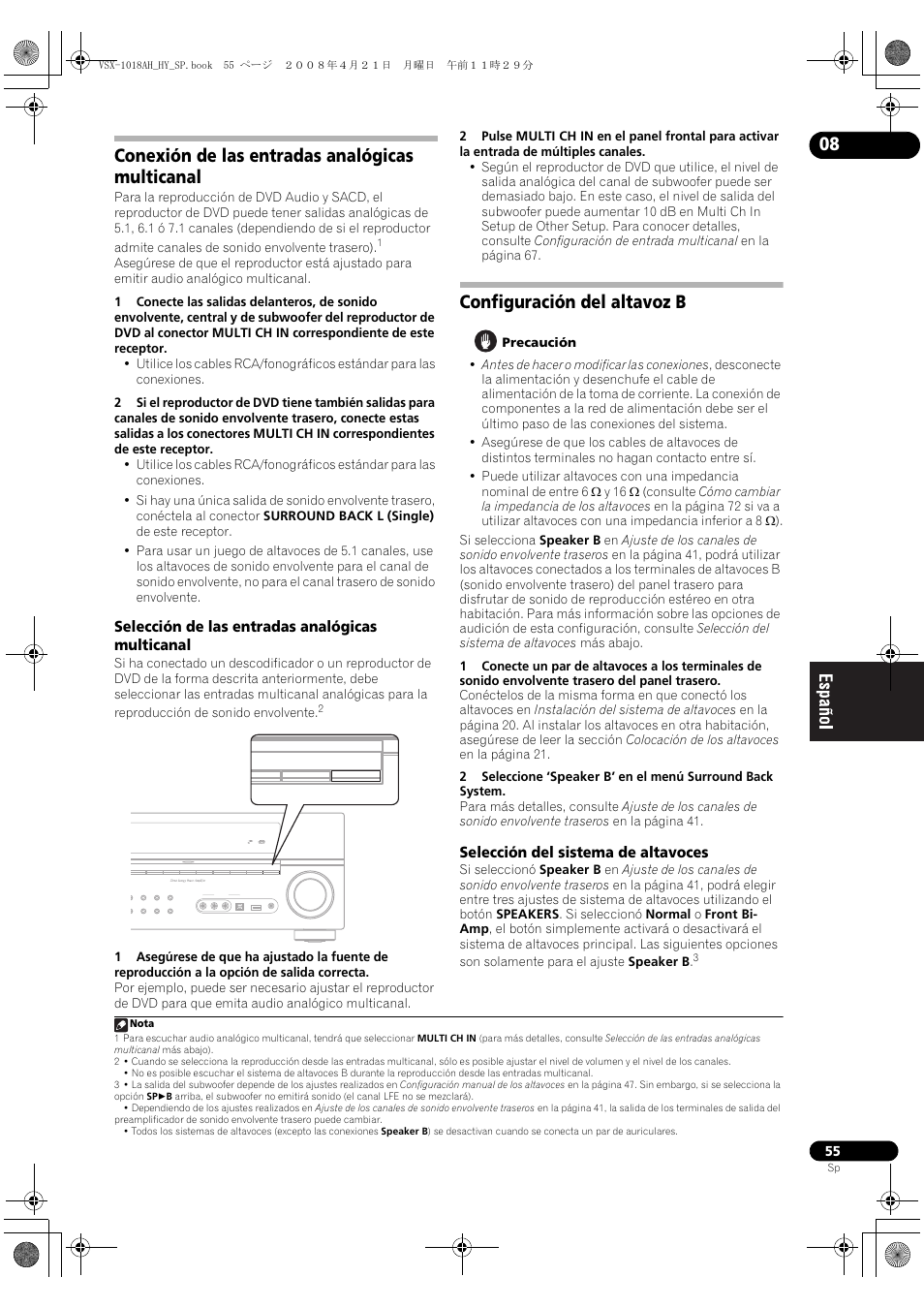 Conexión de las entradas analógicas multicanal, Selección de las entradas analógicas multicanal, Configuración del altavoz b | Selección del sistema de altavoces | Pioneer VSX-1018AH-K User Manual | Page 55 / 96