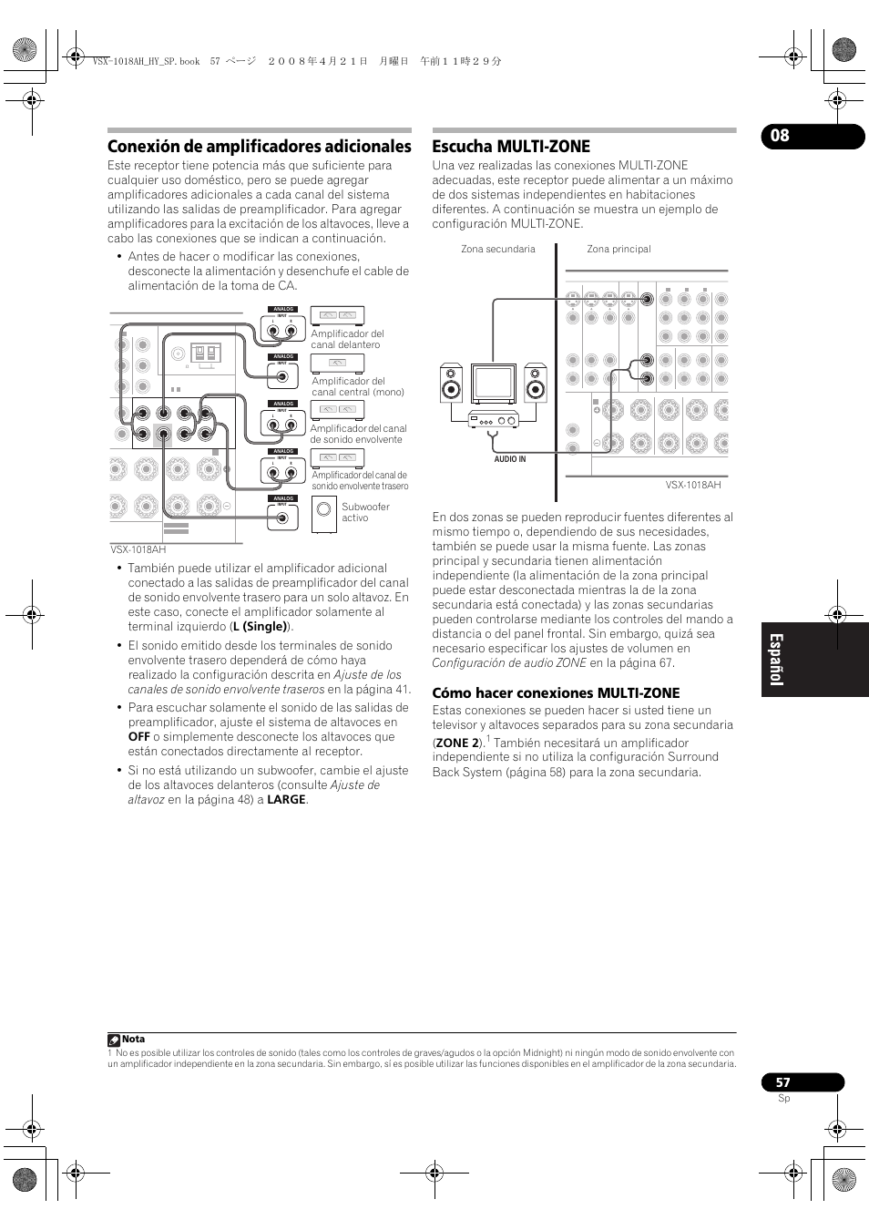 Cómo hacer conexiones multi-zone, Conexión de amplificadores adicionales, Escucha multi-zone | Pioneer VSX-1018AH-K User Manual | Page 57 / 96