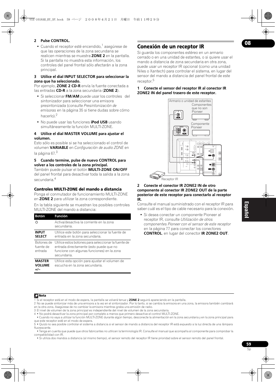 Conexión de un receptor ir, Controles multi-zone del mando a distancia, Subwoofer | Nota | Pioneer VSX-1018AH-K User Manual | Page 59 / 96