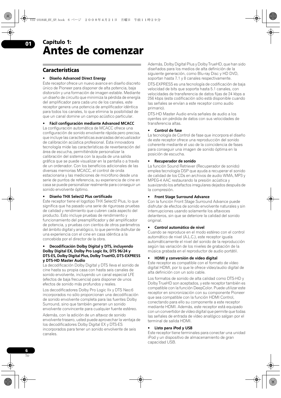 Características, Antes de comenzar, Capítulo 1 | Pioneer VSX-1018AH-K User Manual | Page 6 / 96