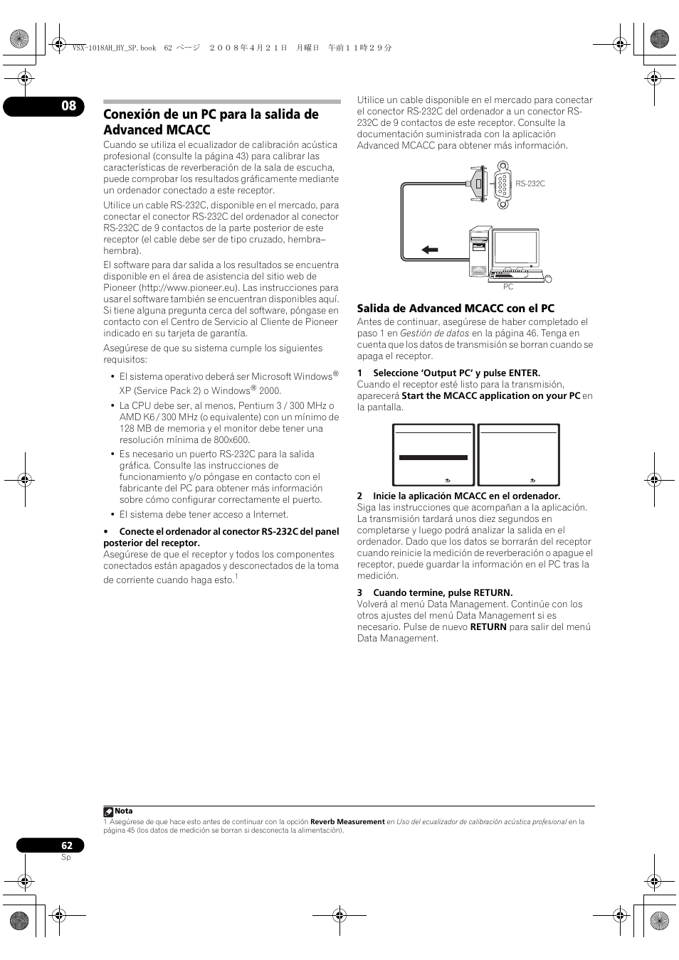 Conexión de un pc para la salida de advanced mcacc, Salida de advanced mcacc con el pc | Pioneer VSX-1018AH-K User Manual | Page 62 / 96