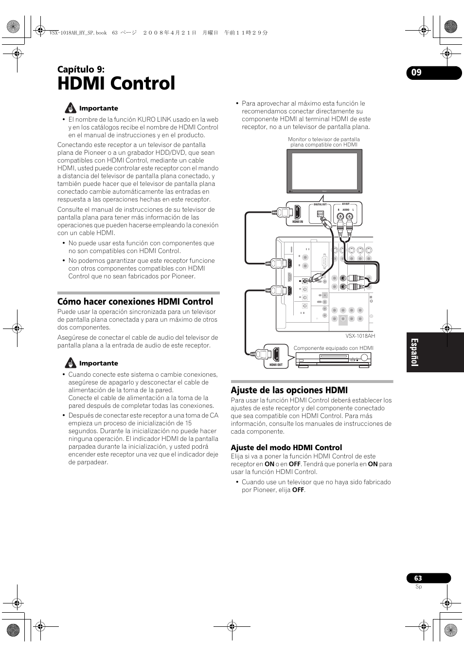 Ajuste del modo hdmi control, Hdmi control, Capítulo 9 | Cómo hacer conexiones hdmi control, Ajuste de las opciones hdmi | Pioneer VSX-1018AH-K User Manual | Page 63 / 96