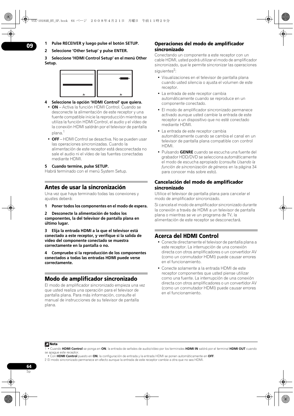 Acerca del hdmi control, Antes de usar la sincronización, Modo de amplificador sincronizado | Pioneer VSX-1018AH-K User Manual | Page 64 / 96