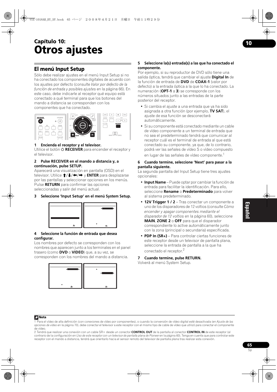 El menú input setup, Otros ajustes, Capítulo 10 | Pioneer VSX-1018AH-K User Manual | Page 65 / 96