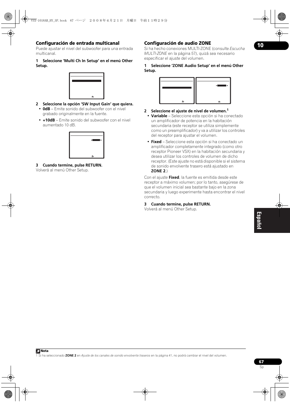 Configuración de entrada multicanal, Configuración de audio zone | Pioneer VSX-1018AH-K User Manual | Page 67 / 96