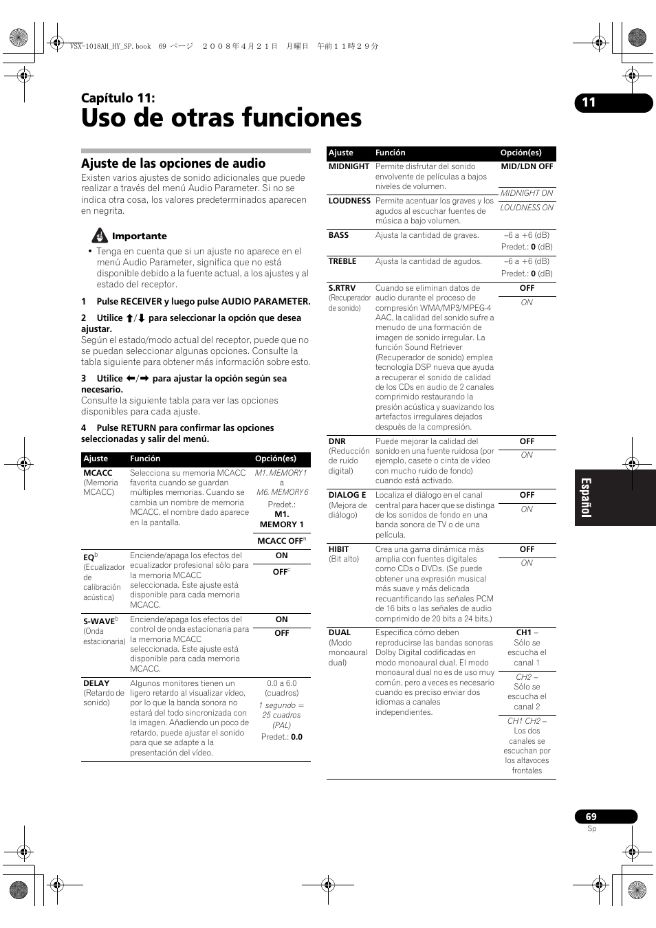 Ajuste de las opciones de audio, Uso de otras funciones, Capítulo 11 | Pioneer VSX-1018AH-K User Manual | Page 69 / 96