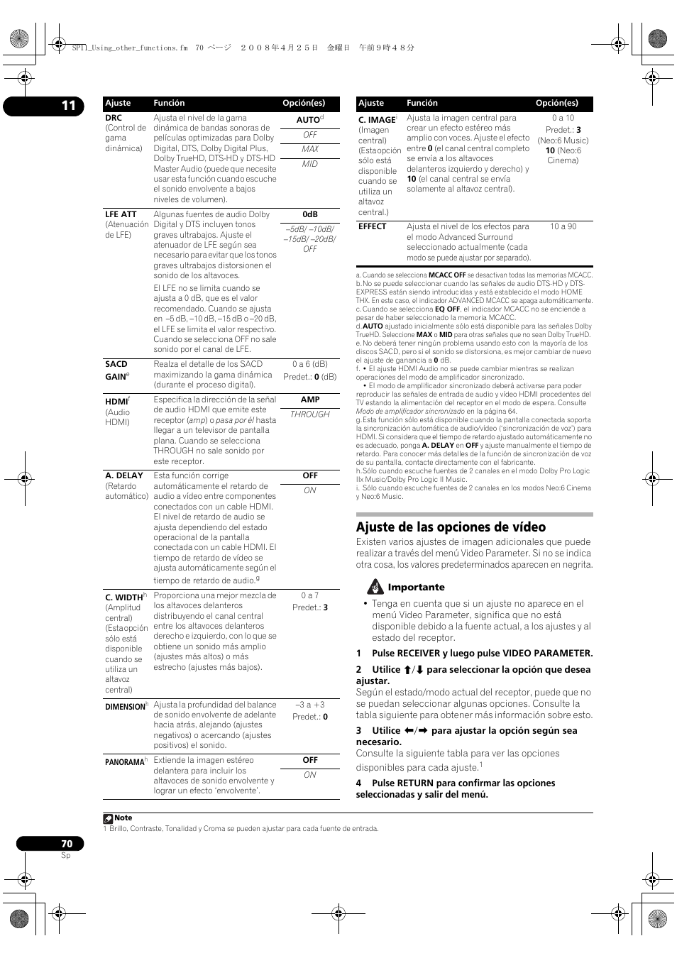 Ajuste de las opciones de vídeo | Pioneer VSX-1018AH-K User Manual | Page 70 / 96