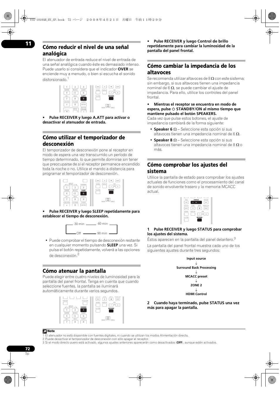 Cómo reducir el nivel de una señal analógica, Cómo utilizar el temporizador de desconexión, Cómo atenuar la pantalla | Cómo cambiar la impedancia de los altavoces, Cómo comprobar los ajustes del sistema | Pioneer VSX-1018AH-K User Manual | Page 72 / 96