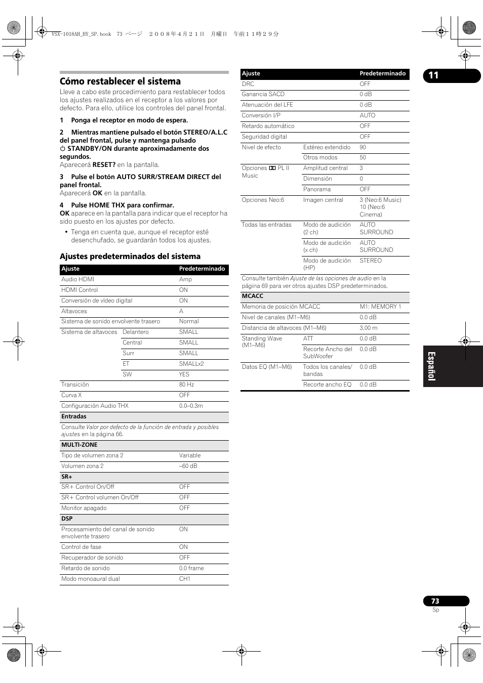 Cómo restablecer el sistema, Ajustes predeterminados del sistema | Pioneer VSX-1018AH-K User Manual | Page 73 / 96