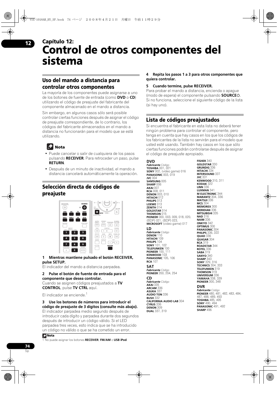 Control de otros componentes del sistema, Capítulo 12, Selección directa de códigos de preajuste | Lista de códigos preajustados | Pioneer VSX-1018AH-K User Manual | Page 74 / 96