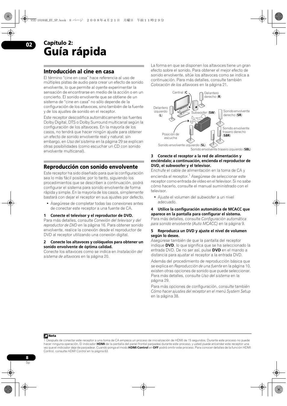 Guía rápida, Capítulo 2, Introducción al cine en casa | Reproducción con sonido envolvente | Pioneer VSX-1018AH-K User Manual | Page 8 / 96