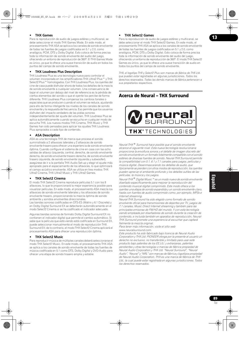 Acerca de neural – thx surround | Pioneer VSX-1018AH-K User Manual | Page 89 / 96