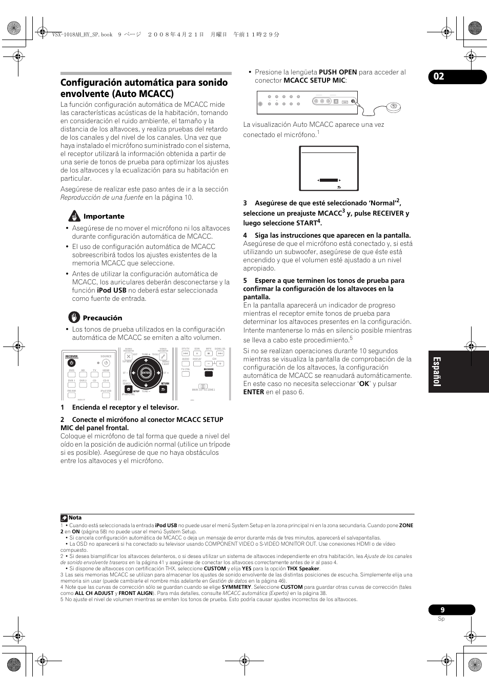 Mcacc setup mic, 3asegúrese de que esté seleccionado ‘normal, Seleccione un preajuste mcacc | Y, pulse receiver y luego seleccione start | Pioneer VSX-1018AH-K User Manual | Page 9 / 96