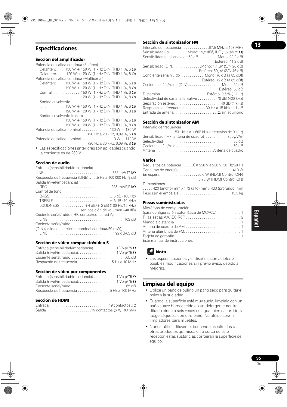 Especificaciones limpieza del equipo, Especificaciones, Limpieza del equipo | Pioneer VSX-1018AH-K User Manual | Page 95 / 96