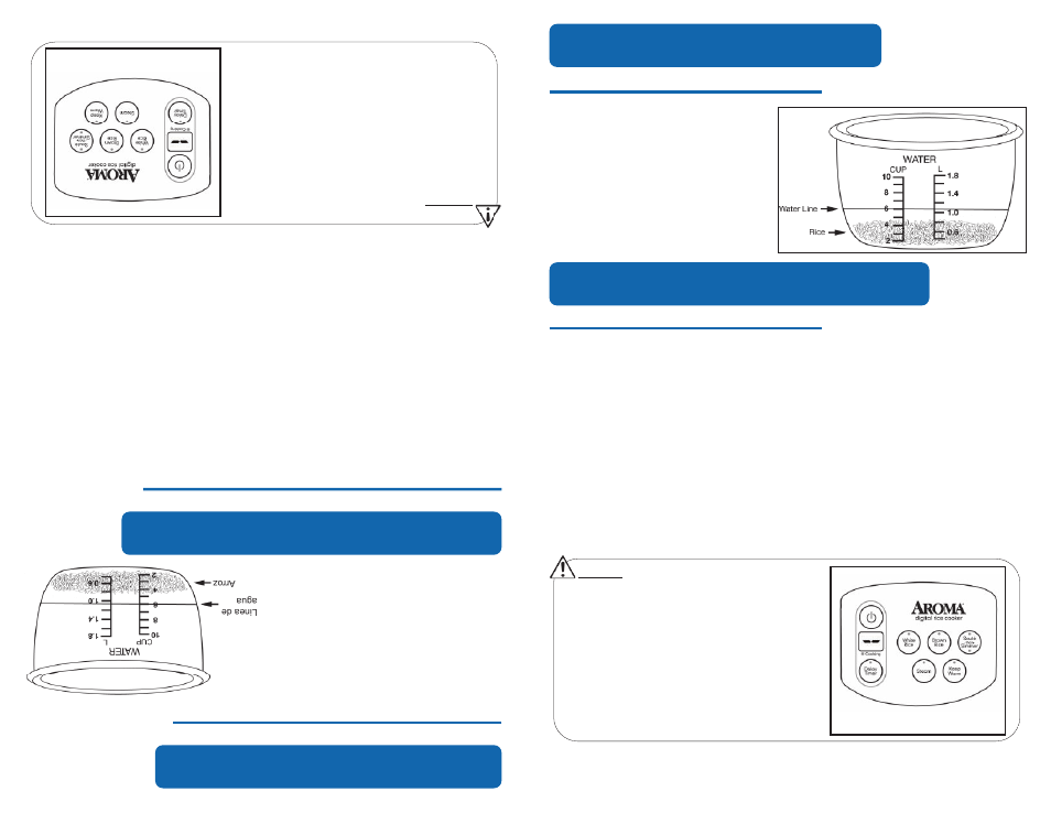 Using your rice cooker, Cooking guide, Guiasde coccion | Comousar suaparato, Inner pot water lines, Lín eas de agu ain ter ior ese nla olla, Par au sar elp rog ram ado rd elt iem po | Aroma ARC-1010SB User Manual | Page 9 / 23