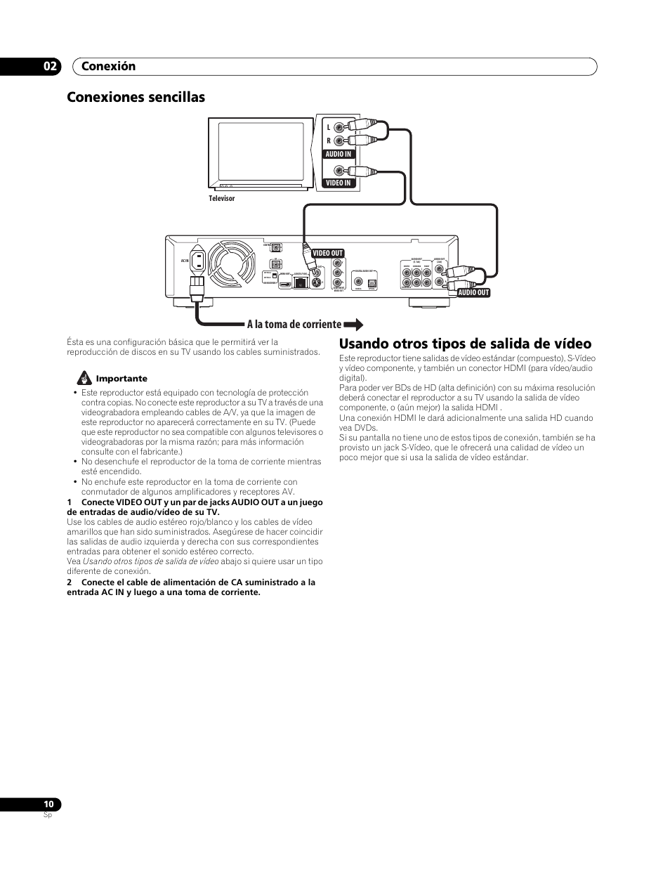 Conexiones sencillas, Usando otros tipos de salida de vídeo, Conexión 02 | A la toma de corriente | Pioneer BDP-LX70 User Manual | Page 10 / 64