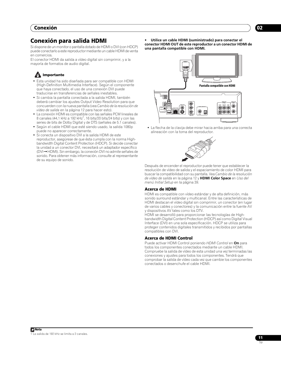 Conexión para salida hdmi, Conexión 02, Acerca de hdmi | Acerca de hdmi control | Pioneer BDP-LX70 User Manual | Page 11 / 64