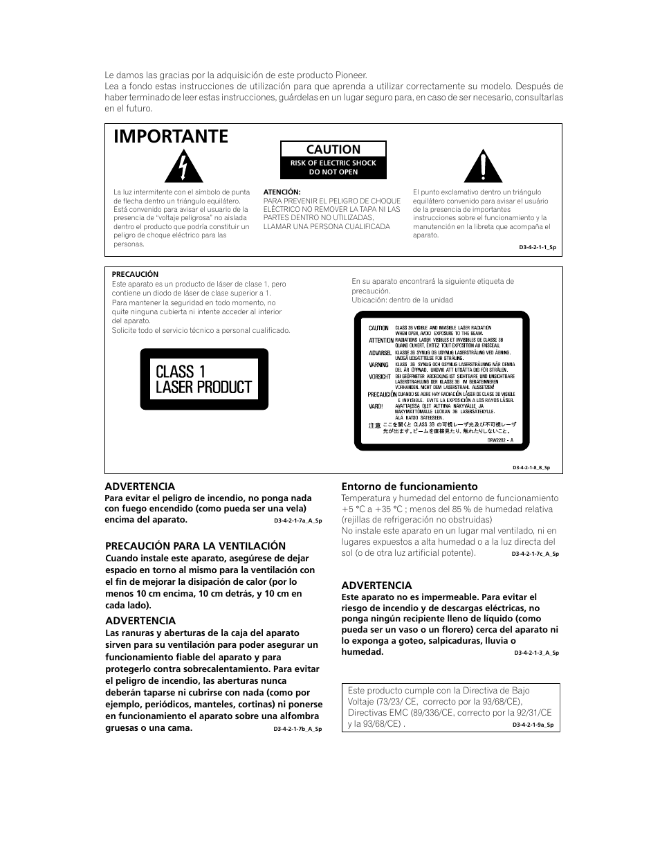 Importante, Caution | Pioneer BDP-LX70 User Manual | Page 2 / 64
