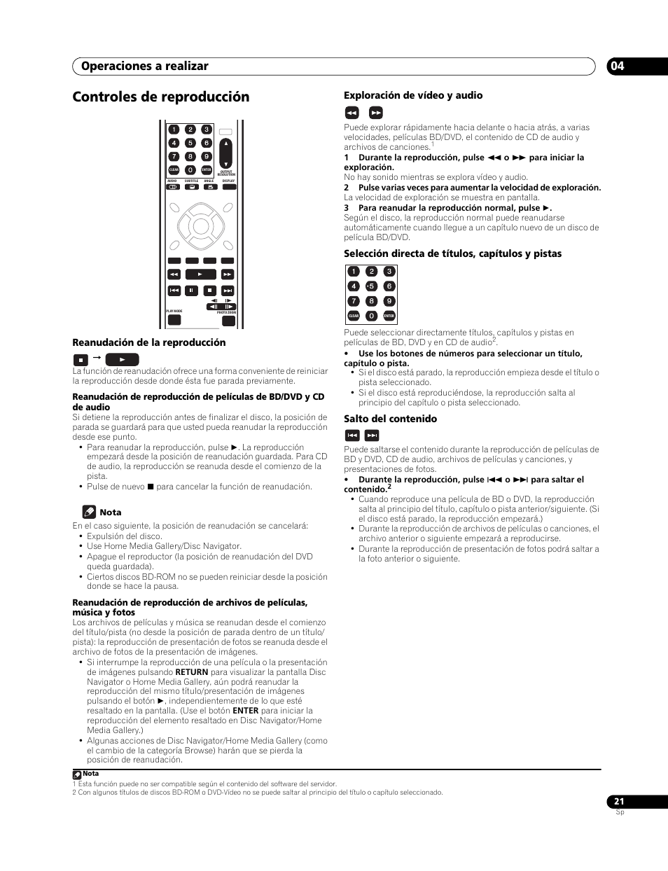 Controles de reproducción, Operaciones a realizar 04 | Pioneer BDP-LX70 User Manual | Page 21 / 64