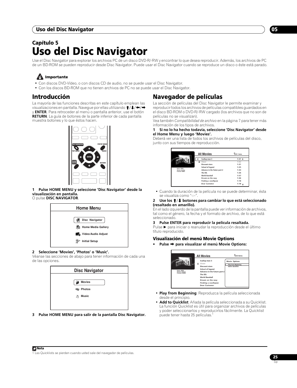 05 uso del disc navigator, Introducción, Navegador de películas | Uso del disc navigator, Uso del disc navigator 05, Capítulo 5, Visualización del menú movie options, Home menu, Disc navigator | Pioneer BDP-LX70 User Manual | Page 25 / 64