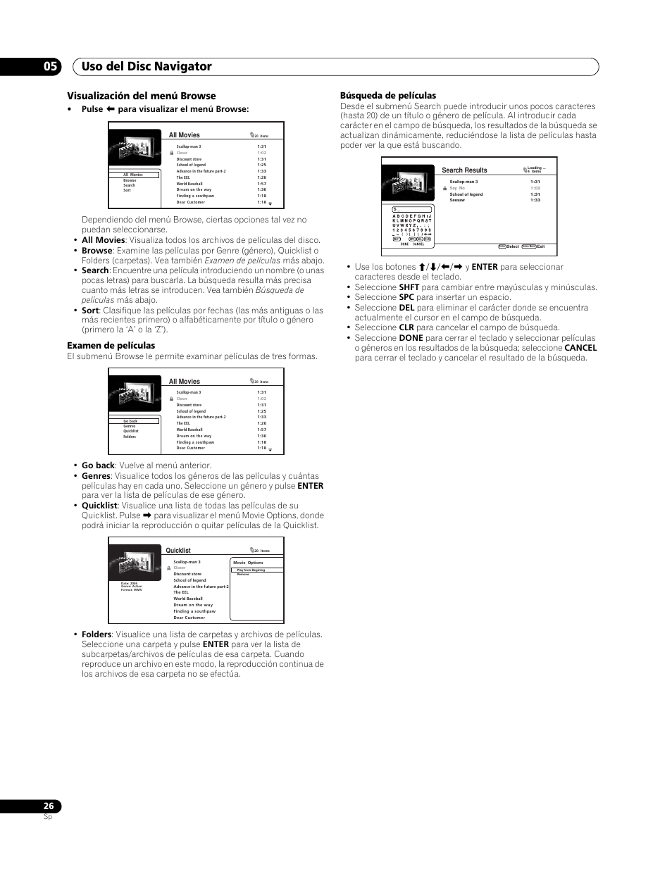 Uso del disc navigator 05, Visualización del menú browse, Examen de películas | Búsqueda de películas | Pioneer BDP-LX70 User Manual | Page 26 / 64